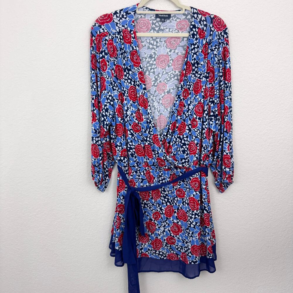 Modcloth Womens Blouse Top Size 3X Retro Floral Rose Sash Tie Blue Red